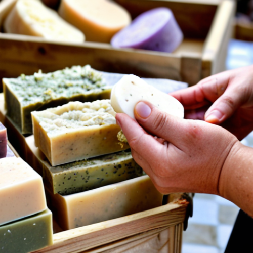 Home 4 **Image Prompt:** A close-up shot of handmade natural soap bars displayed at a local farmer's market. Focus on the textures and colors of the soaps, highlighting natural ingredients like dried flowers, herbs, and clay. In the background, a blurred view of customers interacting with the soapmaker at the stall. The overall feel should be artisanal, sustainable, and community-focused.