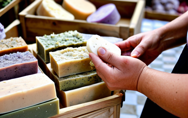 **Image Prompt:** A close-up shot of handmade natural soap bars displayed at a local farmer's market. Focus on the textures and colors of the soaps, highlighting natural ingredients like dried flowers, herbs, and clay. In the background, a blurred view of customers interacting with the soapmaker at the stall. The overall feel should be artisanal, sustainable, and community-focused.