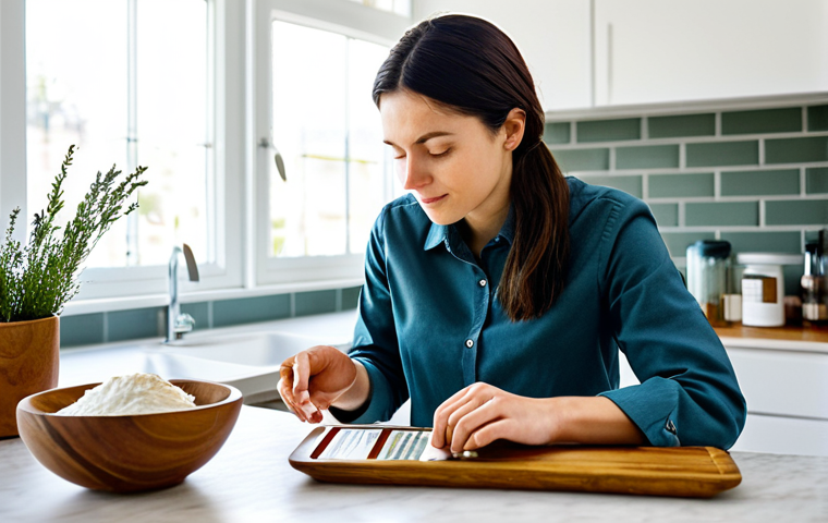 A discerning consumer, fully clothed in modest, smart casual attire, meticulously examining the ingredient list on the packaging of a natural bar of soap with a magnifying glass. The scene is set in a sunlit, clean kitchen, with bowls of natural ingredients like shea butter, olive oil, and dried herbs subtly arranged in the background. The focus is on transparency and informed choice. Perfect anatomy, correct proportions, natural pose, well-formed hands, proper finger count, natural body proportions, safe for work, appropriate content, fully clothed, modest, professional photography, high quality, vibrant colors.