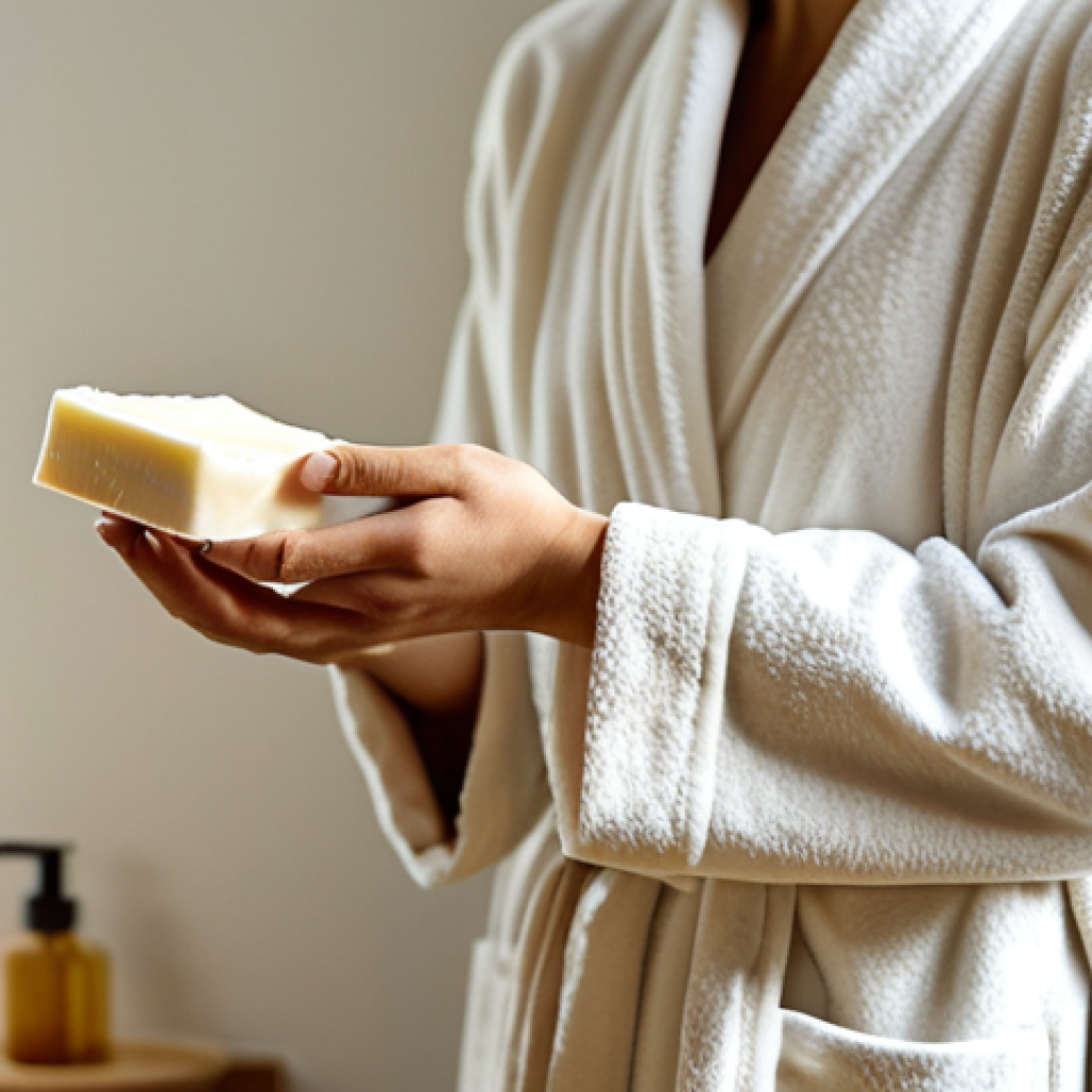 A serene person with well-formed hands, gently creating a rich, creamy lather with a handcrafted natural soap bar in a sunlit, minimalist bathroom. The person is fully clothed in a modest, professional bathrobe, emphasizing a sense of calm and well-being. The background is softly blurred, focusing on the nourishing lather and the natural textures of the soap. Soft, warm light illuminates the scene, conveying a spa-like tranquility. perfect anatomy, correct proportions, natural pose, proper finger count, natural body proportions, safe for work, appropriate content, fully clothed, modest clothing, appropriate attire, professional dress, professional photography, high quality.