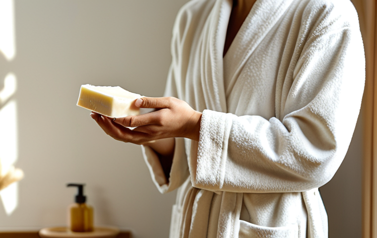 A serene person with well-formed hands, gently creating a rich, creamy lather with a handcrafted natural soap bar in a sunlit, minimalist bathroom. The person is fully clothed in a modest, professional bathrobe, emphasizing a sense of calm and well-being. The background is softly blurred, focusing on the nourishing lather and the natural textures of the soap. Soft, warm light illuminates the scene, conveying a spa-like tranquility. perfect anatomy, correct proportions, natural pose, proper finger count, natural body proportions, safe for work, appropriate content, fully clothed, modest clothing, appropriate attire, professional dress, professional photography, high quality.