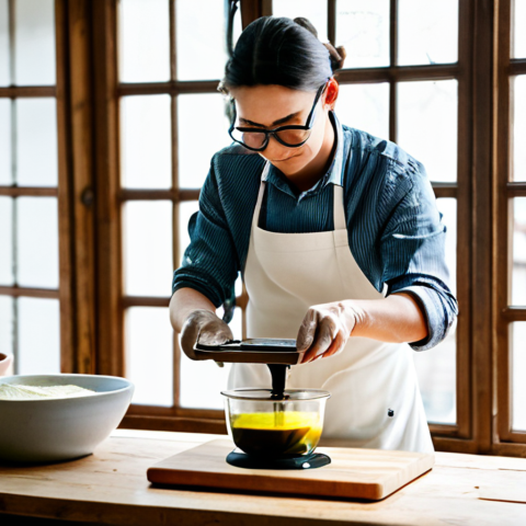 A professional artisan, fully clothed in a modest apron and long-sleeved shirt, carefully weighs natural oils on a digital kitchen scale in a clean, well-lit soap-making studio. Various bowls of oils, a stick blender, and safety goggles are neatly arranged on a wooden workbench. Natural light streams from a window. High quality, professional photography, perfect anatomy, correct proportions, natural pose, well-formed hands, safe for work, appropriate content, family-friendly.