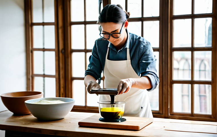 A professional artisan, fully clothed in a modest apron and long-sleeved shirt, carefully weighs natural oils on a digital kitchen scale in a clean, well-lit soap-making studio. Various bowls of oils, a stick blender, and safety goggles are neatly arranged on a wooden workbench. Natural light streams from a window. High quality, professional photography, perfect anatomy, correct proportions, natural pose, well-formed hands, safe for work, appropriate content, family-friendly.