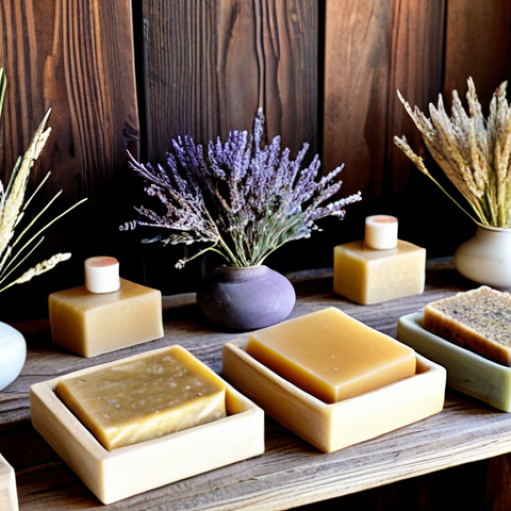 Natural Soap Display**

"A rustic wooden table displaying an assortment of handmade natural soaps, fully clothed. Various shapes and colors, some with visible oats and herbs. Essential oil bottles and dried lavender sprigs scattered around. Soft, diffused lighting. Safe for work, appropriate content, professional photography, perfect anatomy, natural proportions, modest display, well-formed hands, proper finger count, family-friendly."

**