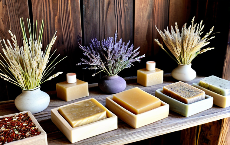 Natural Soap Display**

"A rustic wooden table displaying an assortment of handmade natural soaps, fully clothed. Various shapes and colors, some with visible oats and herbs. Essential oil bottles and dried lavender sprigs scattered around. Soft, diffused lighting. Safe for work, appropriate content, professional photography, perfect anatomy, natural proportions, modest display, well-formed hands, proper finger count, family-friendly."

**