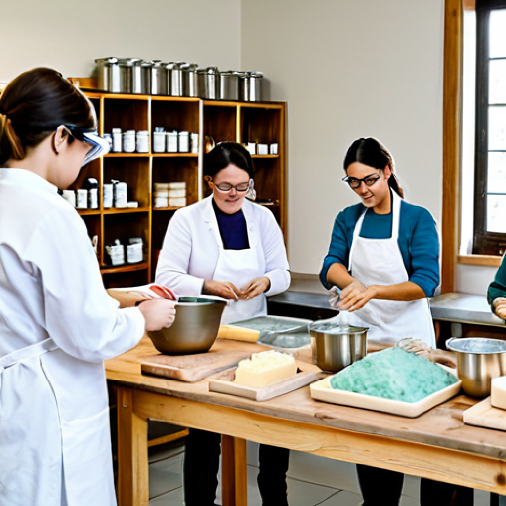 Natural Soap Making Workshop**
"A bright and airy soap-making workshop, featuring a diverse group of people learning to make natural soap. The scene includes stainless steel pots, wooden molds, and colorful essential oils displayed on a wooden table. Participants are fully clothed in casual, comfortable clothing and are wearing safety goggles. The focus is on the hands-on process of mixing ingredients and pouring soap into molds. The background features shelves stocked with natural ingredients and finished soaps. safe for work, appropriate content, fully clothed, professional learning environment, perfect anatomy, natural proportions, high quality, well-lit, family-friendly."
**