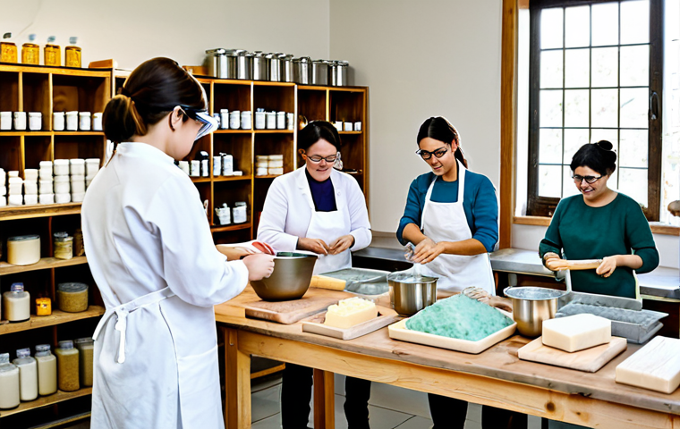 Natural Soap Making Workshop**
"A bright and airy soap-making workshop, featuring a diverse group of people learning to make natural soap. The scene includes stainless steel pots, wooden molds, and colorful essential oils displayed on a wooden table. Participants are fully clothed in casual, comfortable clothing and are wearing safety goggles. The focus is on the hands-on process of mixing ingredients and pouring soap into molds. The background features shelves stocked with natural ingredients and finished soaps. safe for work, appropriate content, fully clothed, professional learning environment, perfect anatomy, natural proportions, high quality, well-lit, family-friendly."
**