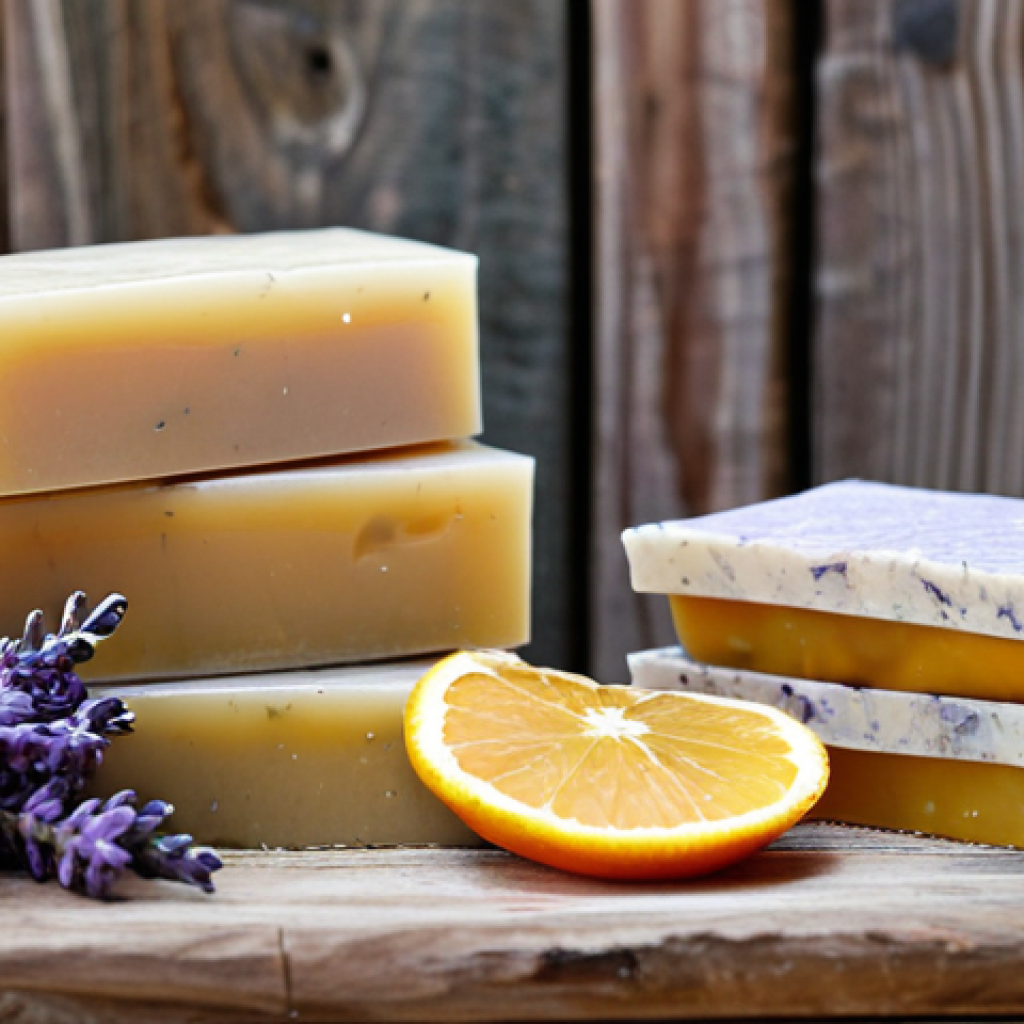 Natural Soap Still Life**

"Close-up shot of a variety of natural soap bars on a rustic wooden surface, surrounded by sprigs of lavender, rosemary, and dried citrus slices. Focus on textures and natural colors. The soaps are handcrafted and slightly imperfect, with visible variations in color and shape. Soft, diffused lighting. safe for work, appropriate content, fully clothed, professional, modest, family-friendly, perfect anatomy, correct proportions, natural pose, well-formed hands, proper finger count, natural body proportions"

**