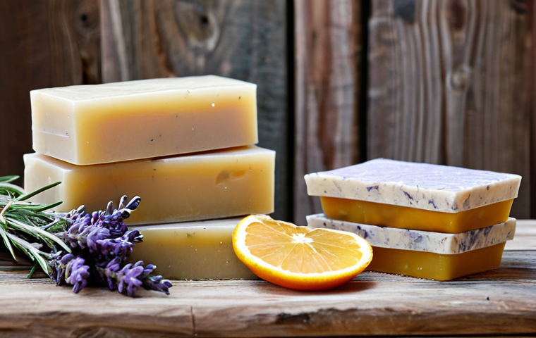 Natural Soap Still Life**

"Close-up shot of a variety of natural soap bars on a rustic wooden surface, surrounded by sprigs of lavender, rosemary, and dried citrus slices. Focus on textures and natural colors. The soaps are handcrafted and slightly imperfect, with visible variations in color and shape. Soft, diffused lighting. safe for work, appropriate content, fully clothed, professional, modest, family-friendly, perfect anatomy, correct proportions, natural pose, well-formed hands, proper finger count, natural body proportions"

**