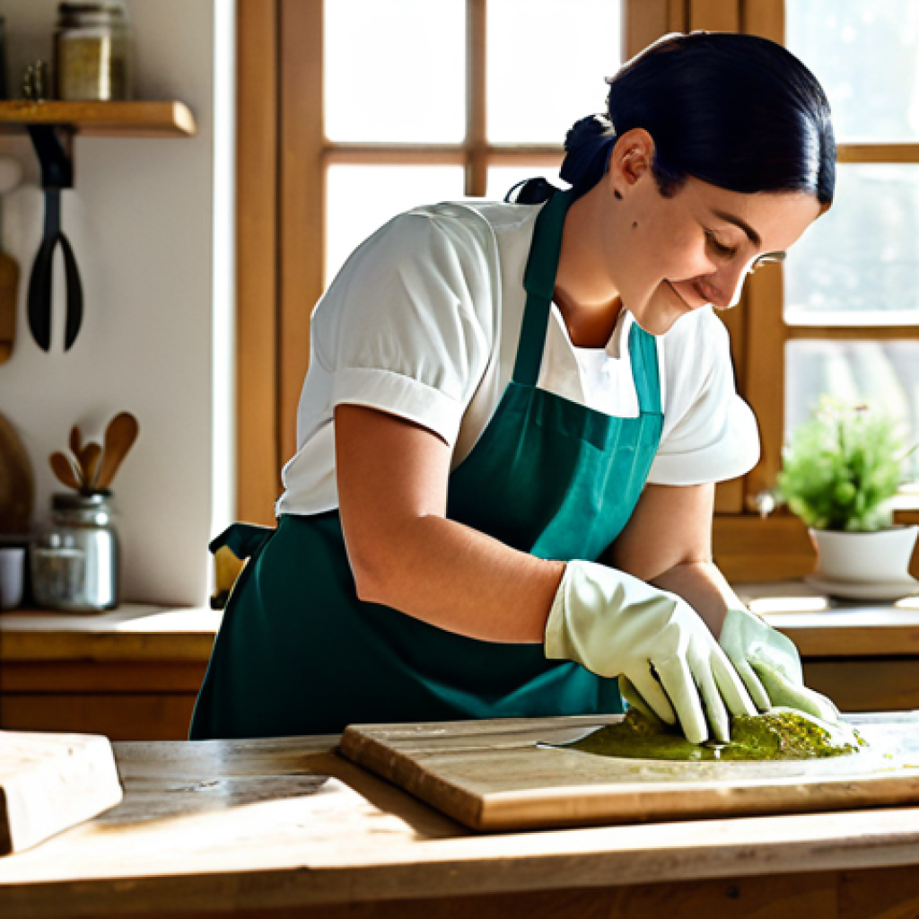 Olive Oil Soap Making**

"A bright, airy workshop scene featuring a woman carefully pouring olive oil into a soap-making mixture. She is wearing an apron and gloves, fully clothed. The workspace includes various natural soapmaking ingredients like dried herbs and essential oil bottles. Sunlight streams through a window, illuminating the scene. safe for work, appropriate content, professional, perfect anatomy, correct proportions, well-formed hands, natural pose, high quality, family-friendly, fully clothed, modest attire."

**