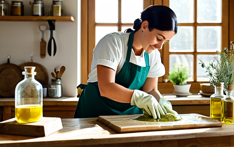Olive Oil Soap Making**

"A bright, airy workshop scene featuring a woman carefully pouring olive oil into a soap-making mixture. She is wearing an apron and gloves, fully clothed. The workspace includes various natural soapmaking ingredients like dried herbs and essential oil bottles. Sunlight streams through a window, illuminating the scene. safe for work, appropriate content, professional, perfect anatomy, correct proportions, well-formed hands, natural pose, high quality, family-friendly, fully clothed, modest attire."

**