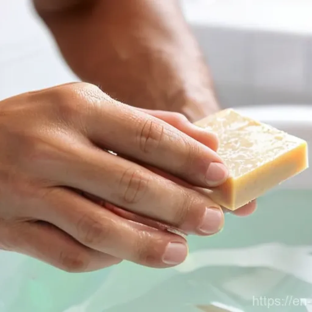 천연비누 효능을 과학적으로 분석 - Gentle Cleansing and Hydrating Touch**
A close-up shot of an adult's hands, a woman's or man's, gent...