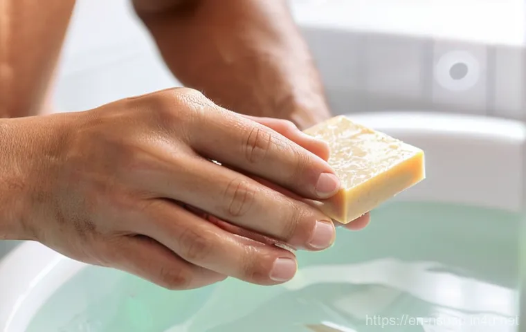 천연비누 효능을 과학적으로 분석 - Gentle Cleansing and Hydrating Touch**
A close-up shot of an adult's hands, a woman's or man's, gent...