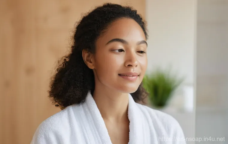 천연비누와 대체 화장품 - **Prompt: A serene woman (30s, natural makeup, diverse ethnicity) stands in a brightly lit, minimali...