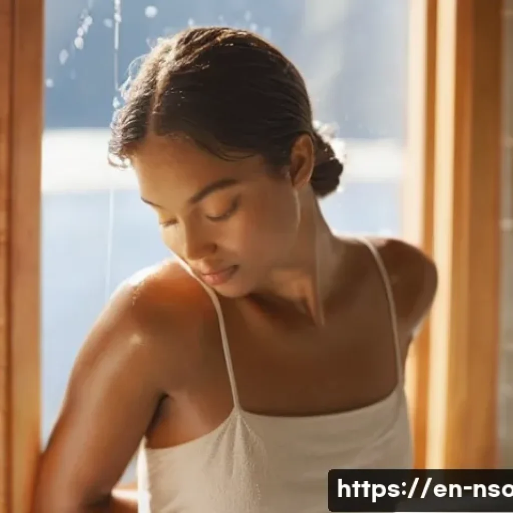 천연비누로 피부결 개선 - **Prompt:** A serene, ethereal scene of an adult woman showering, her body subtly draped in a high-w...