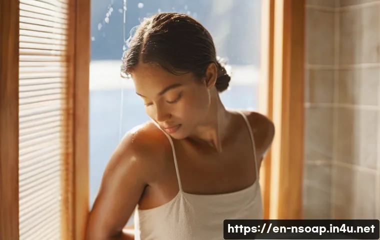 천연비누로 피부결 개선 - **Prompt:** A serene, ethereal scene of an adult woman showering, her body subtly draped in a high-w...