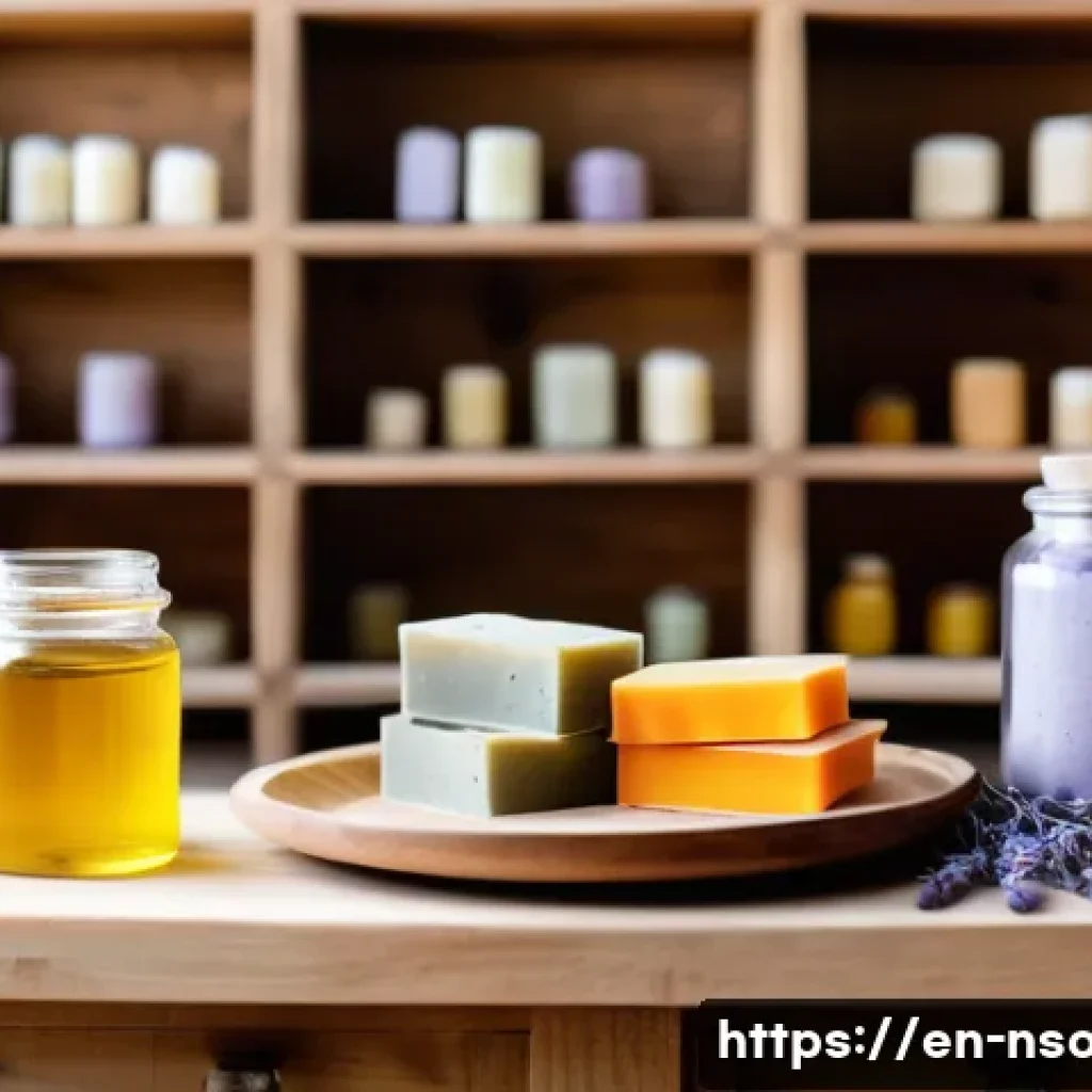 천연비누 블로그 운영 팁 - A cozy, sunlit artisanal soap-making workspace featuring natural soap bars made from olive oil, coco...