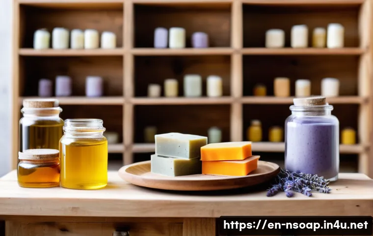 천연비누 블로그 운영 팁 - A cozy, sunlit artisanal soap-making workspace featuring natural soap bars made from olive oil, coco...