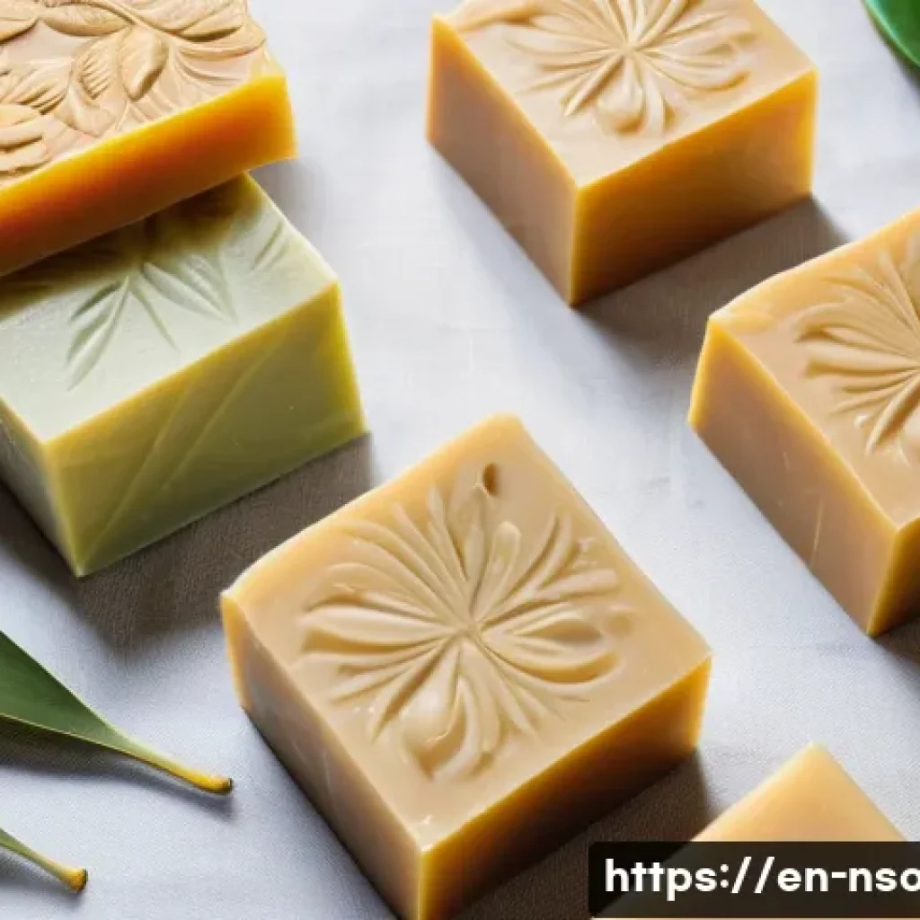 천연비누 제품 추천 리스트 - A beautifully arranged flat lay of natural soap bars made from plant-based oils and butters, featuri...