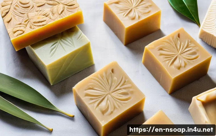 천연비누 제품 추천 리스트 - A beautifully arranged flat lay of natural soap bars made from plant-based oils and butters, featuri...