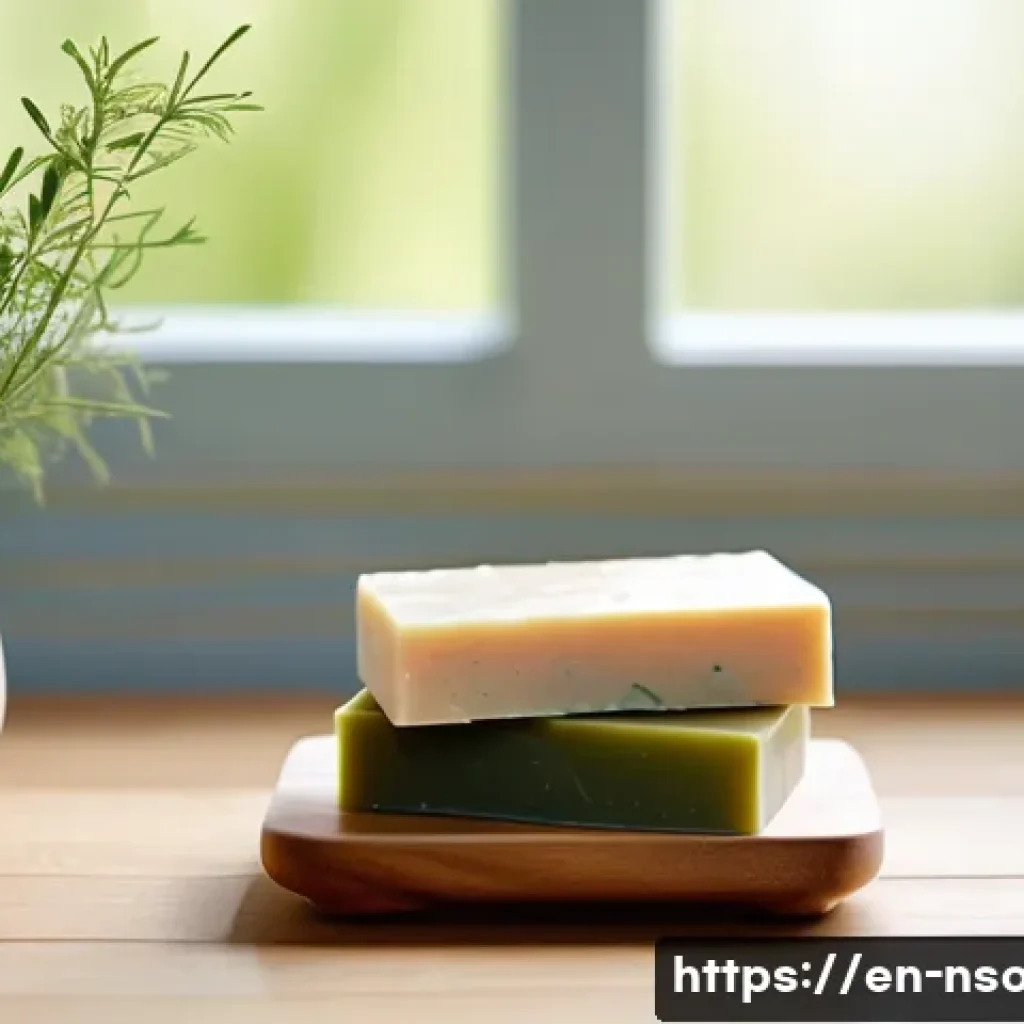 천연비누 효능과 부작용 분석 - A serene bathroom scene showcasing a natural soap bar made from shea butter and olive oil resting on...