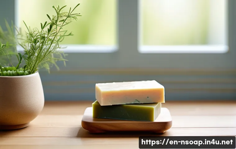 천연비누 효능과 부작용 분석 - A serene bathroom scene showcasing a natural soap bar made from shea butter and olive oil resting on...
