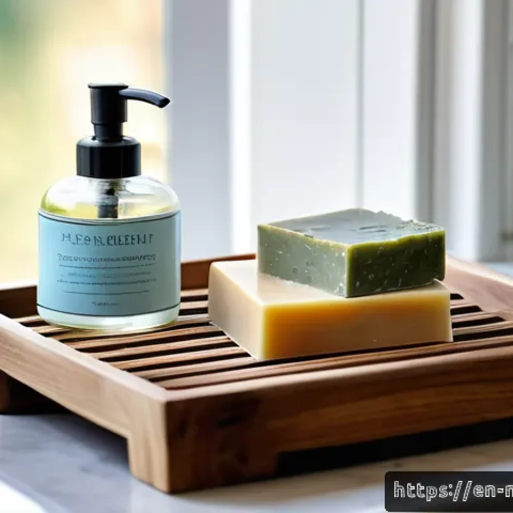 천연비누 사용시 주의사항 - A serene bathroom scene featuring a variety of natural soaps arranged on a rustic wooden soap dish w...