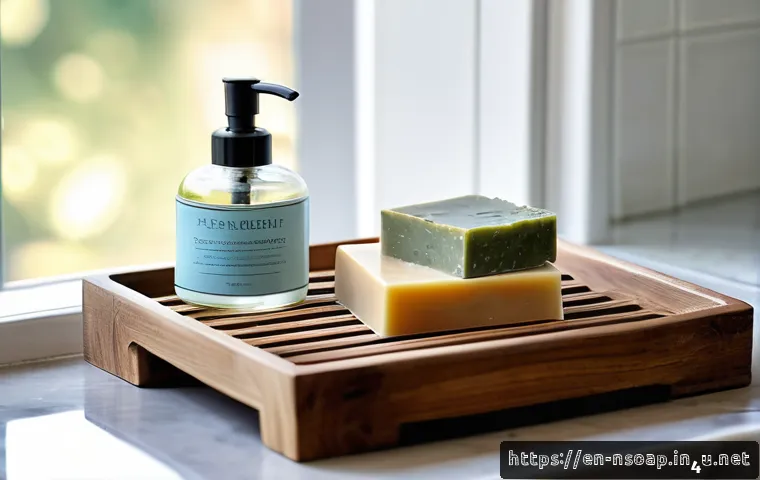 천연비누 사용시 주의사항 - A serene bathroom scene featuring a variety of natural soaps arranged on a rustic wooden soap dish w...