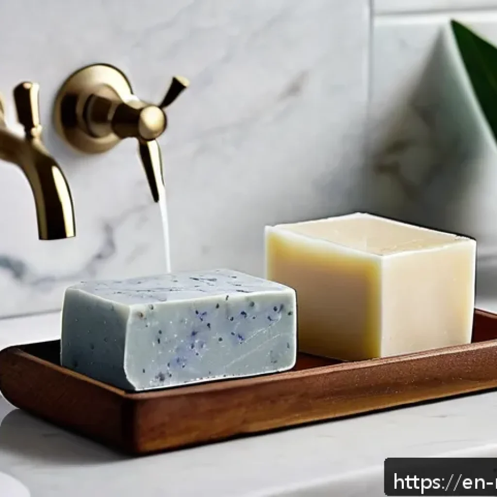 천연비누 추천 브랜드 - A serene bathroom scene featuring handcrafted natural bar soaps made with botanical ingredients like...