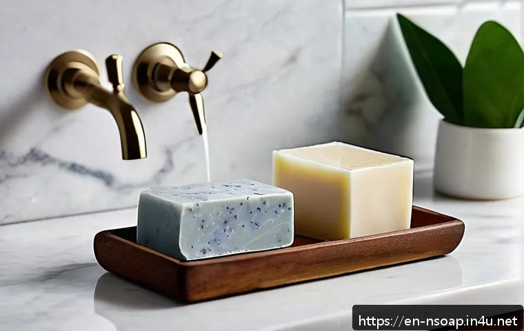 천연비누 추천 브랜드 - A serene bathroom scene featuring handcrafted natural bar soaps made with botanical ingredients like...
