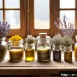 Home 19 천연비누 만드는 법 자세히 - A cozy artisan soap-making workspace featuring natural ingredients: glass jars of olive oil, coconut...