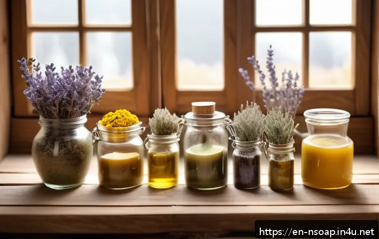 천연비누 만드는 법 자세히 - A cozy artisan soap-making workspace featuring natural ingredients: glass jars of olive oil, coconut...