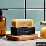 Home 18 천연비누 미세먼지 제거 - A serene bathroom scene featuring a modern wooden countertop with three natural soap bars prominentl...