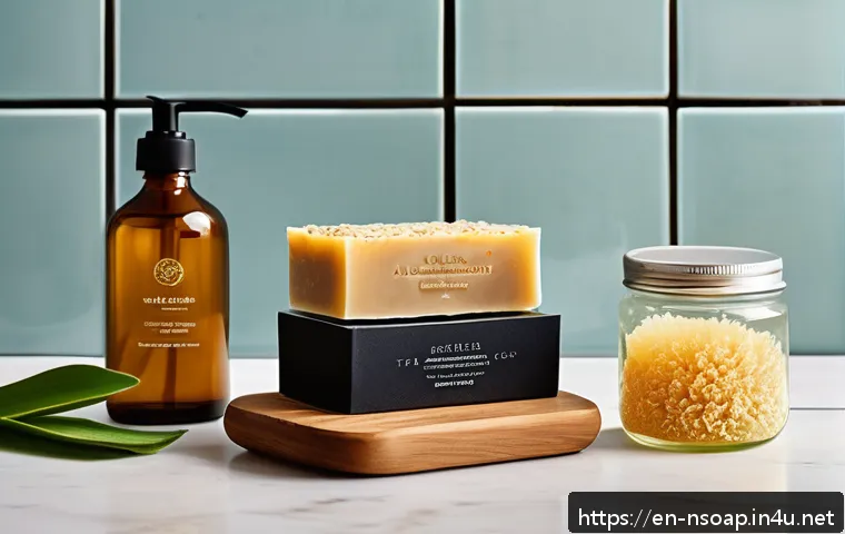 천연비누 미세먼지 제거 - A serene bathroom scene featuring a modern wooden countertop with three natural soap bars prominentl...