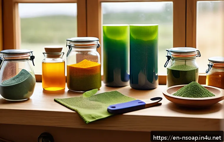 천연비누 만들기 - A cozy, sunlit kitchen workspace dedicated to natural soap making, featuring a wooden table covered ...