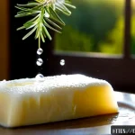 천연비누 거품 - Photorealistic close-up of creamy foam blooming over a handcrafted natural olive-oil soap bar in a w...