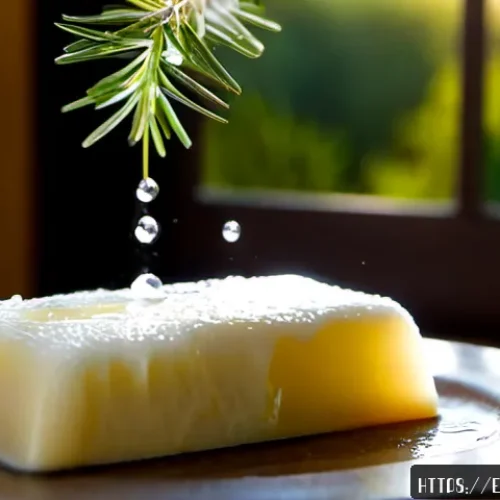천연비누 거품 - Photorealistic close-up of creamy foam blooming over a handcrafted natural olive-oil soap bar in a w...