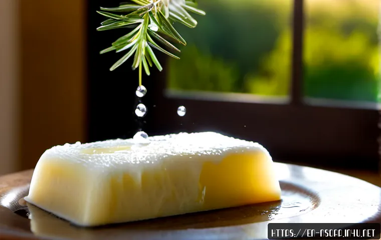 천연비누 거품 - Photorealistic close-up of creamy foam blooming over a handcrafted natural olive-oil soap bar in a w...