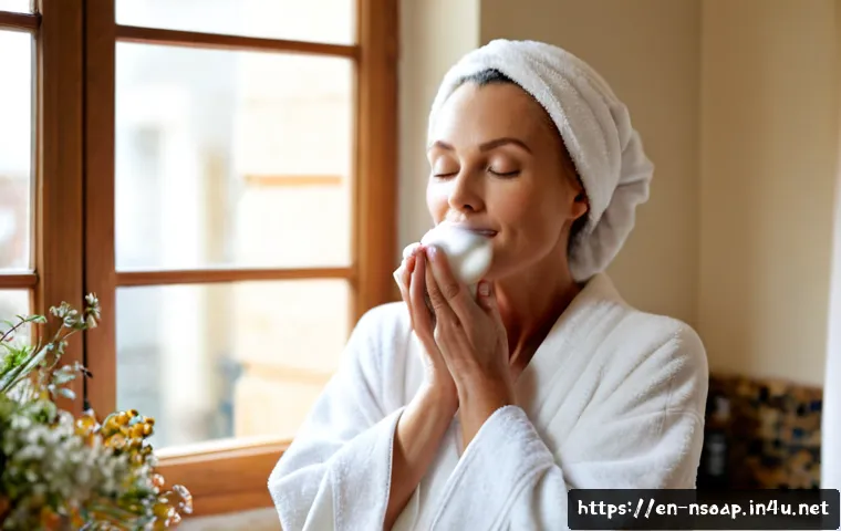 천연비누로 얼굴 모공 축소 - Photorealistic close-up skincare scene of a middle-aged woman with healthy natural skin gently washi...